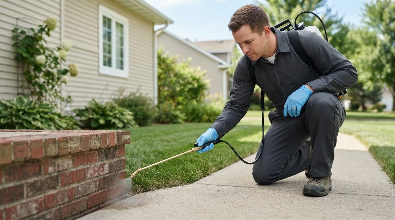 Pest control technician treating a home near Conger, MN