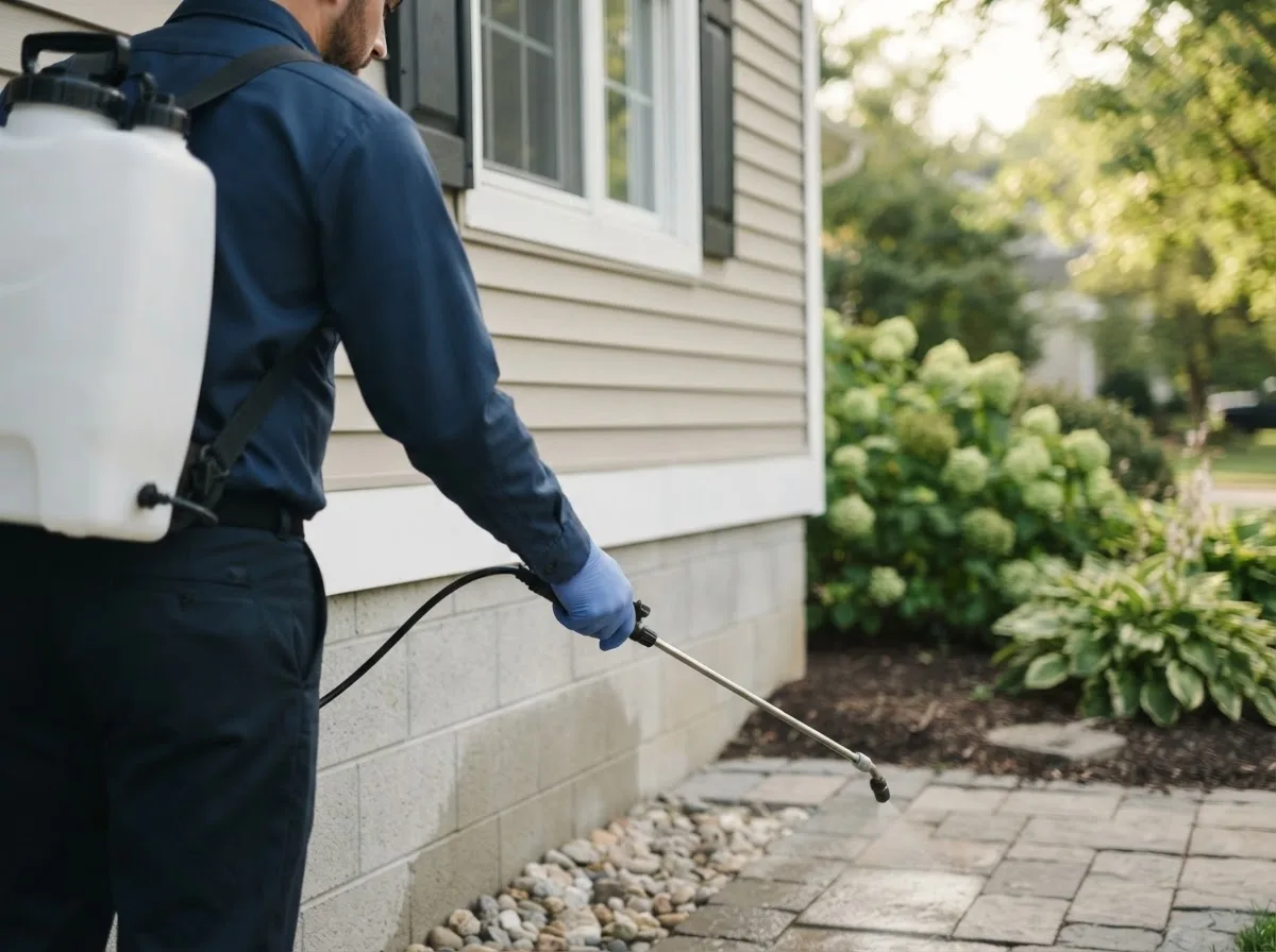 Pest control technician inspecting a home in Conger, MN